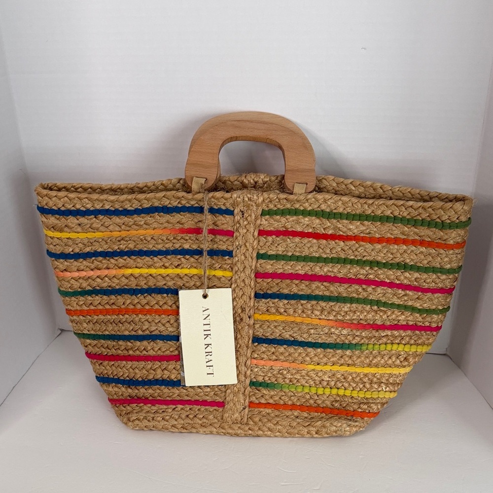 Antik Kraft Handwoven Jute Tote with Colorful Stripe Accents NWT - Picture 1 of 16